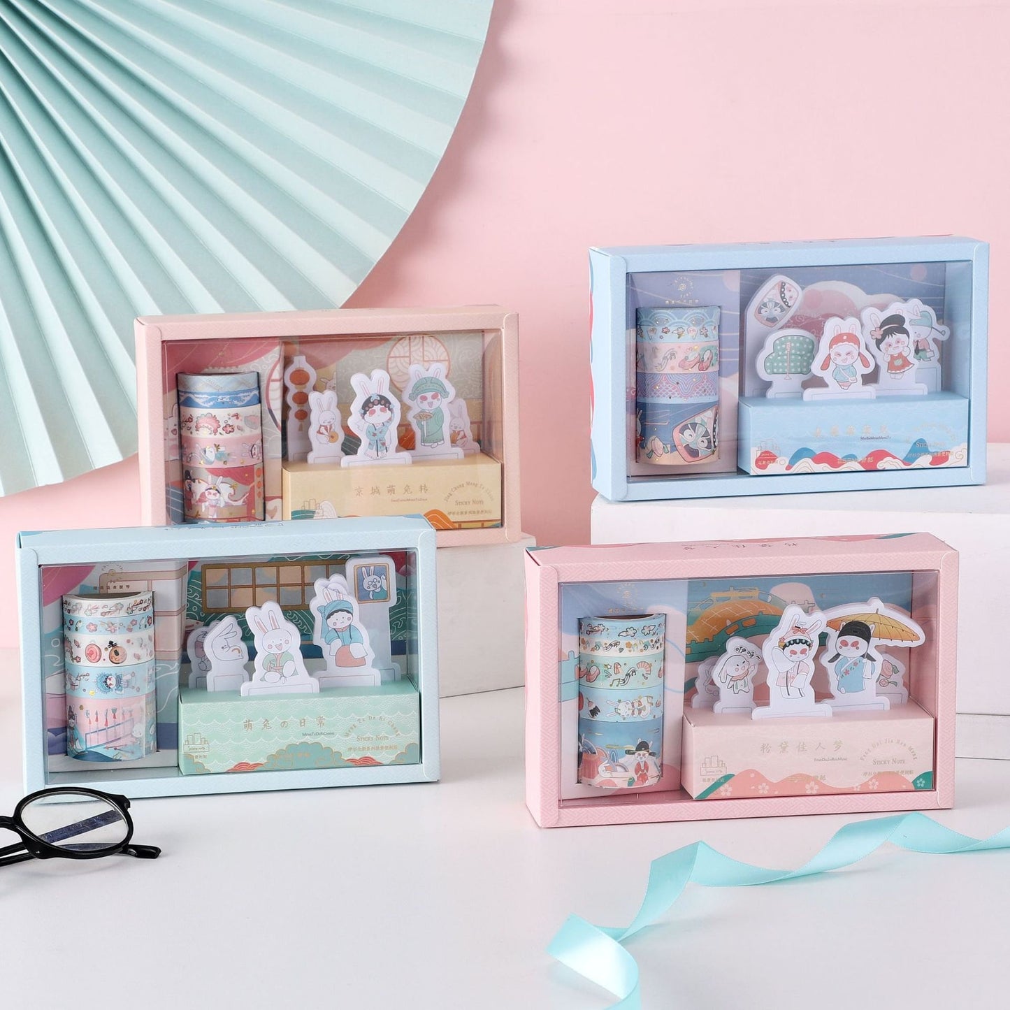 Cute Rabbit Sticky Notes and Washi Tape Set in pastel packaging featuring adorable rabbit characters and assorted decorative tapes, perfect for kawaii stationery lovers.