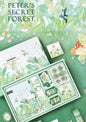 Planner gift set with journal, washi tape, stickers, Peter's Secret Forest, kawaii stationery, whimsical green forest theme.