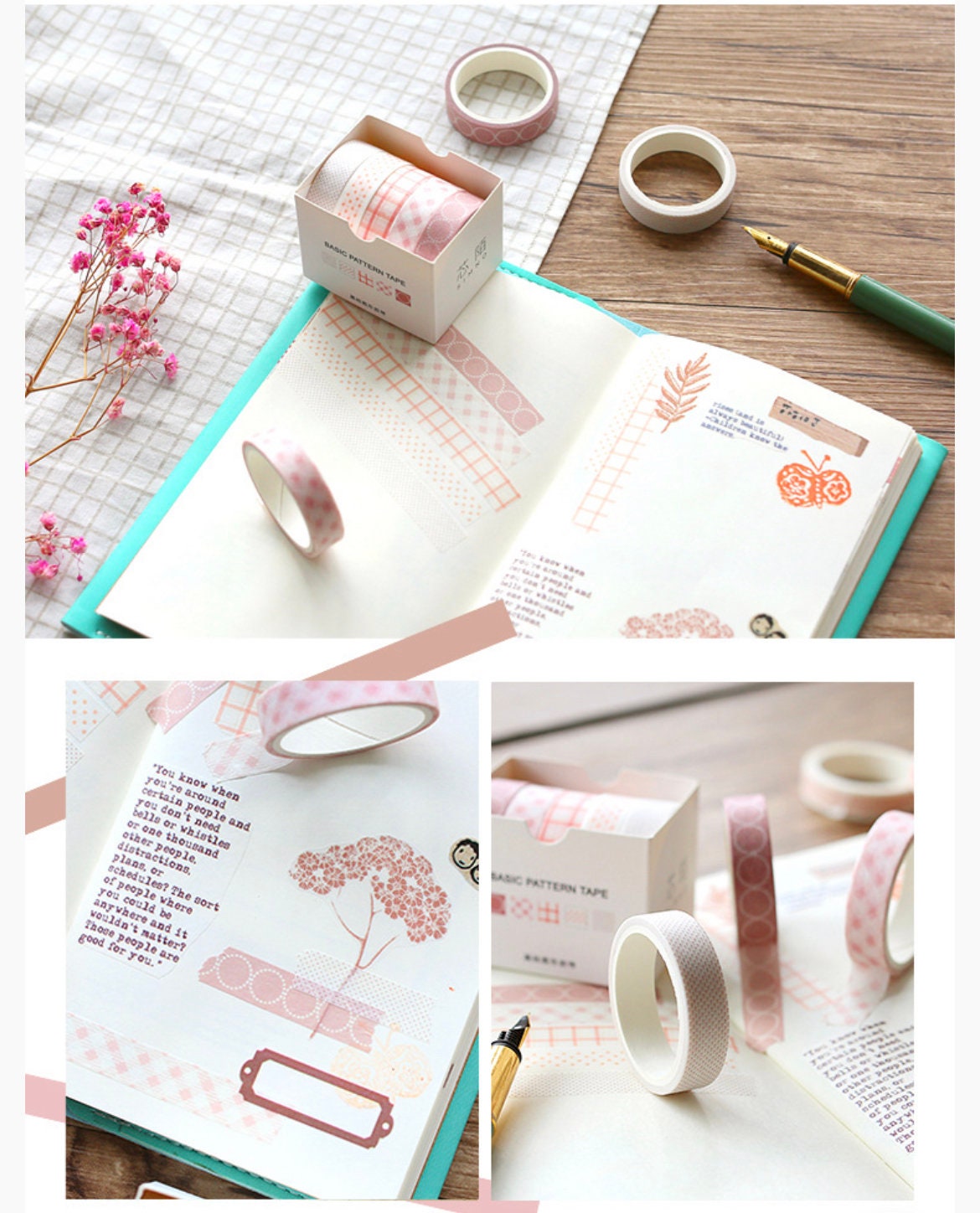 Cute Colorful Washi Tape Set - 5 Rolls, 5 Meters displayed in use on a planner with delicate designs, pink floral decor, and writing utensils, perfect for scrapbooking and journaling.