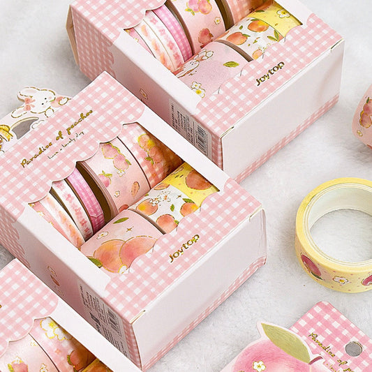 Peach Pink Washi Tape Set - 10 Rolls featuring cute peach designs in pastel colors, packaged in gift-ready pink gingham boxes.