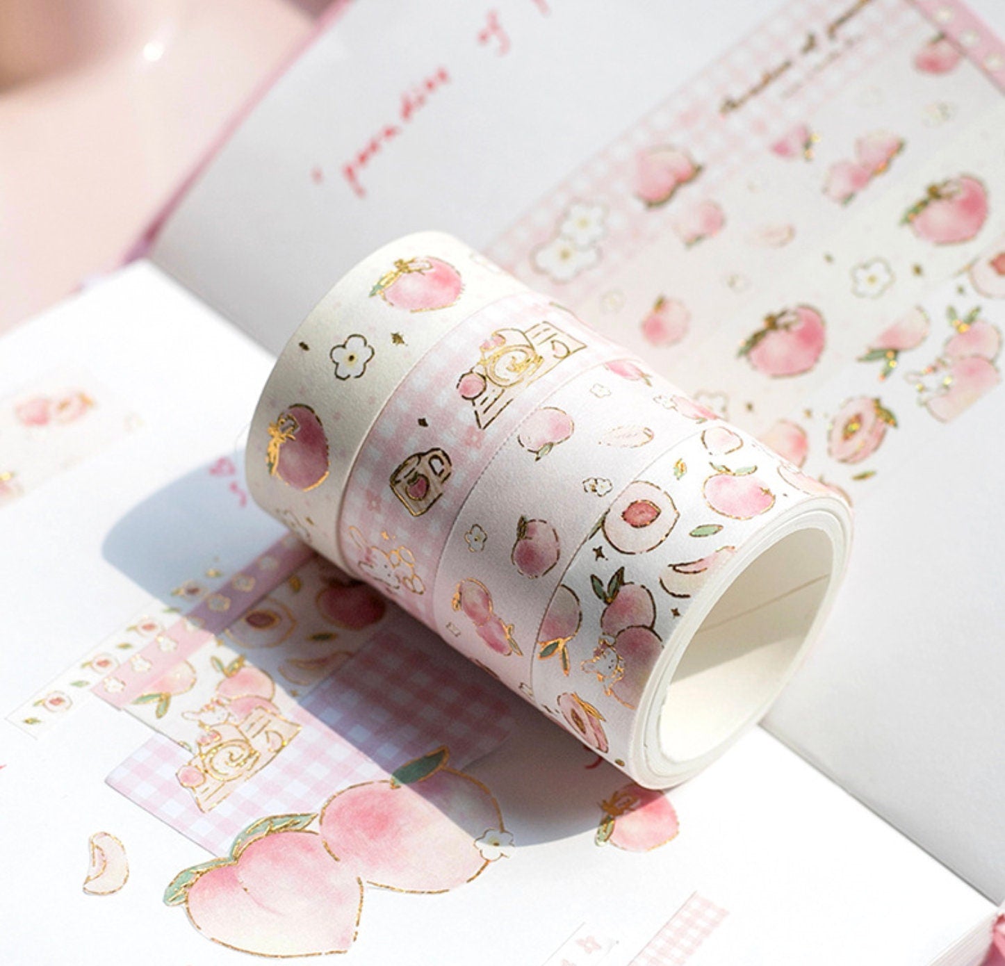 Peach Pink Washi Tape Set - 10 Rolls featuring various peach designs and patterns in pastel pink tones, perfect for scrapbooking, journaling, and crafts.