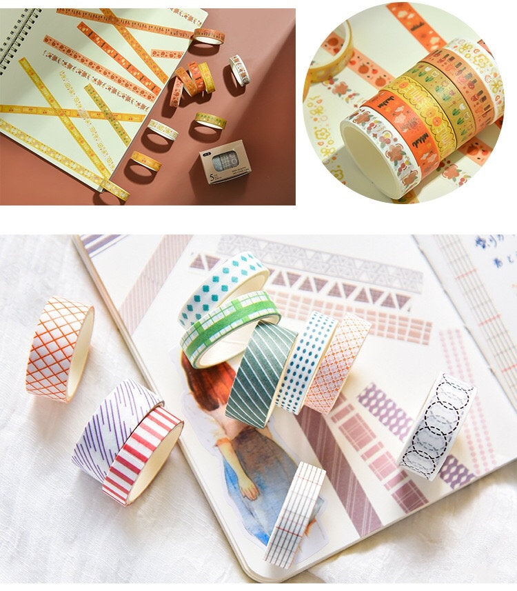 Cute Colorful Washi Tape Set - 5 Rolls featuring various patterns displayed on a notebook with geometric designs in the background.