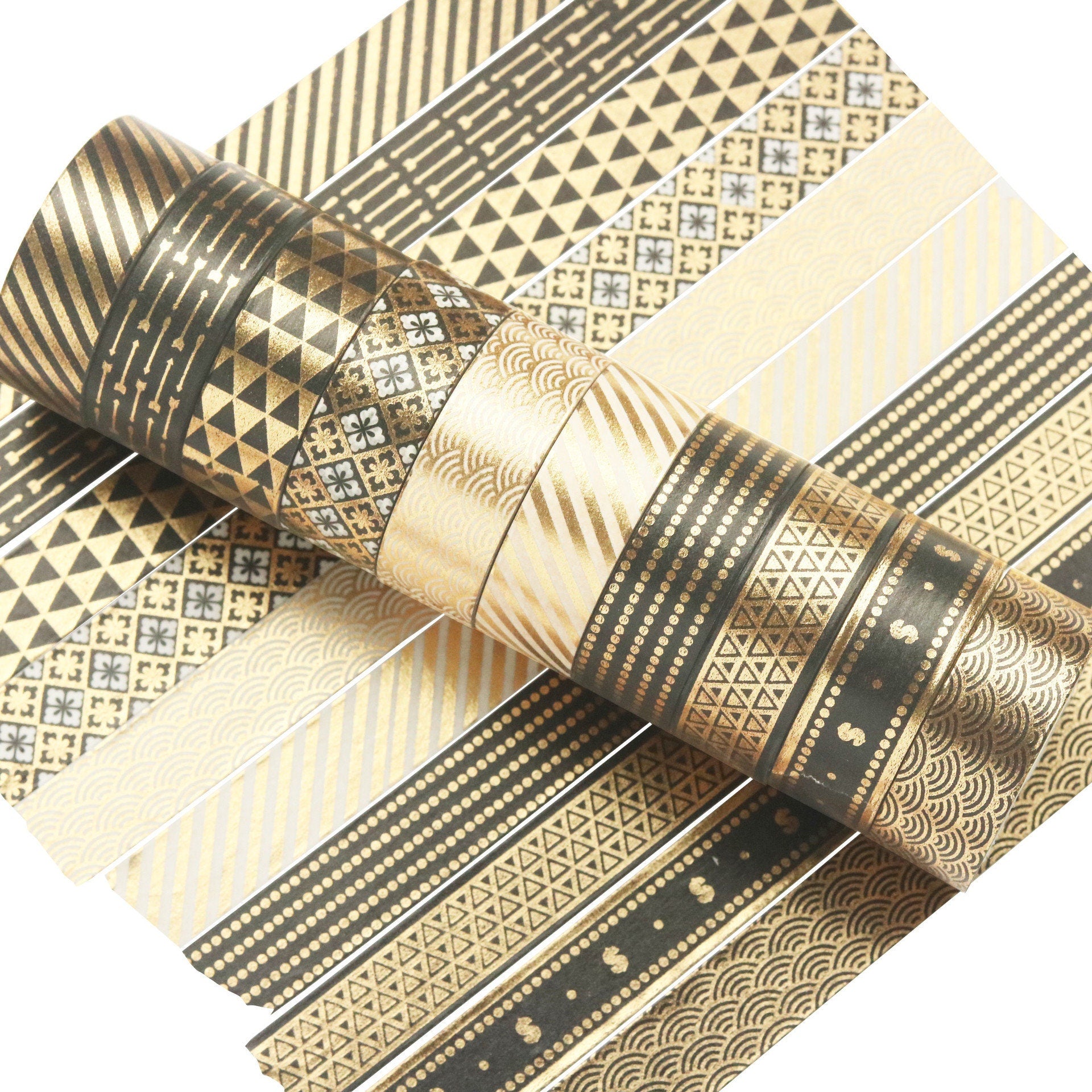 Black Gold Foil Washi Tape Set - 10 Rolls featuring various elegant patterns with metallic gold accents on black and gold backgrounds.