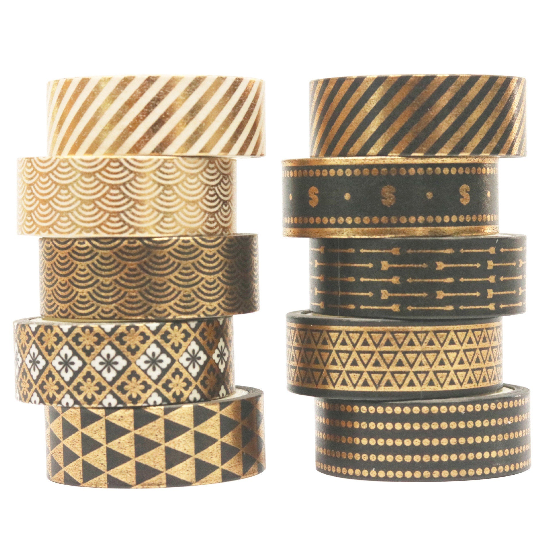 Black Gold Foil Washi Tape Set - 10 Rolls featuring assorted elegant patterns including stripes, geometric designs, and decorative symbols.