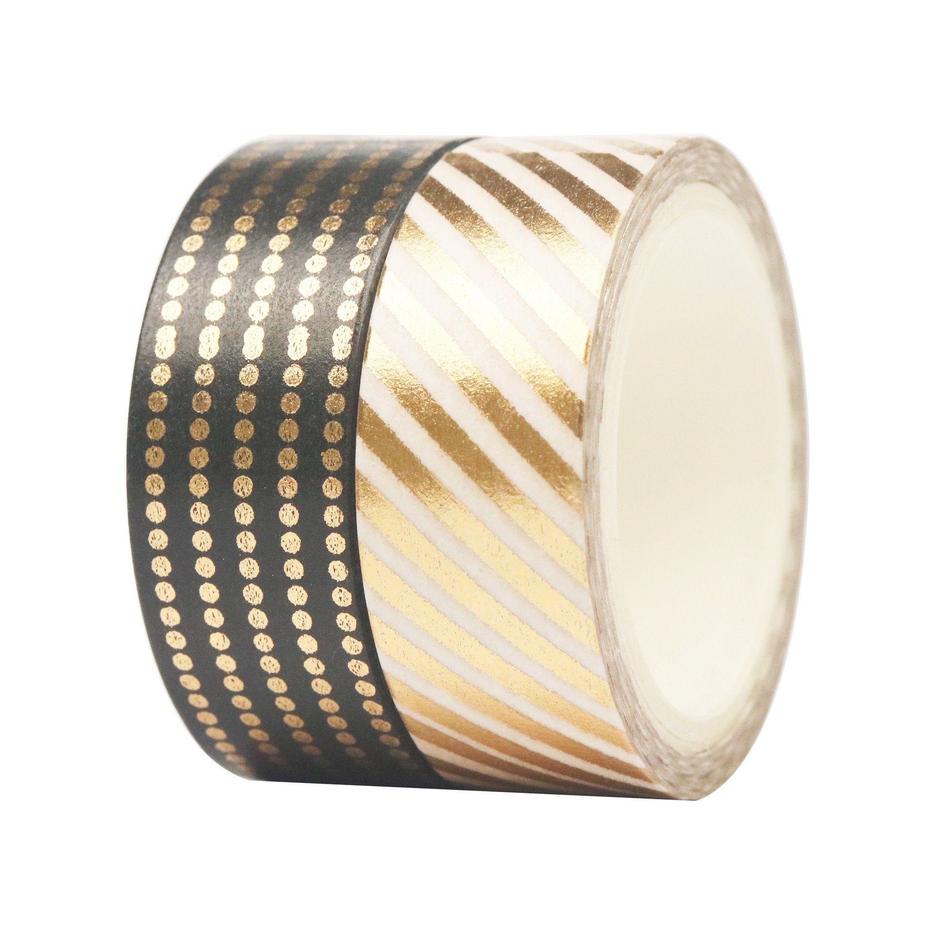 Black and gold foil washi tape set, featuring 10 rolls with assorted patterns including polka dots and diagonal stripes. Perfect for scrapbooking, journaling, and DIY crafts.