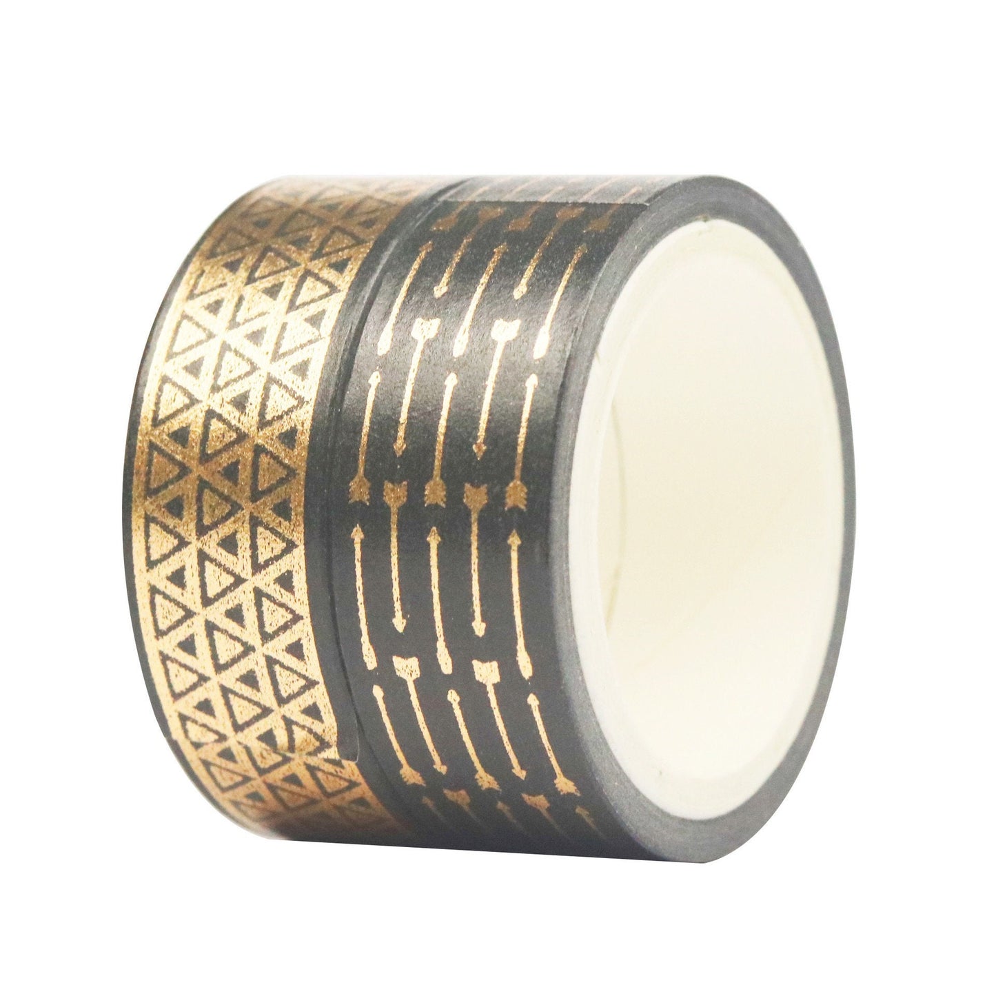 Black and gold foil washi tape set, 10 rolls, featuring geometric and arrow patterns, perfect for crafts and journaling.