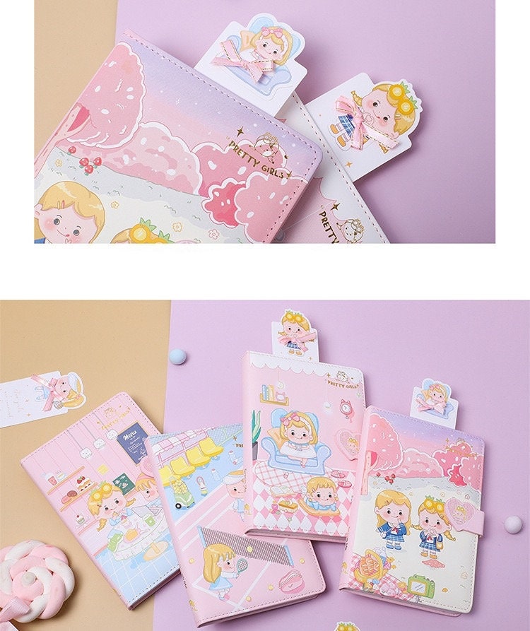 Pink Leather Journal with Magnetic Buckle and Bookmark - Kawaii Style Stationary Featuring Cute Illustrations of Girls in Fantasy Settings