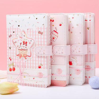 Sweet Cherry Leather Journal - Magnetic Buckle A5 Planner with cute kawaii designs in pastel colors, featuring cherries, bunnies, and milk carton motifs. Perfect for organizing and planning.