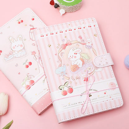 Sweet Cherry Leather Journal with Magnetic Buckle, A5 Kawaii Planner featuring adorable bunny and cherry designs, perfect for note-taking and organizing.