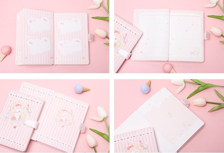 Sweet Cherry Leather Journal with Magnetic Buckle in A5 size featuring cute kawaii planner pages and tulip decorations