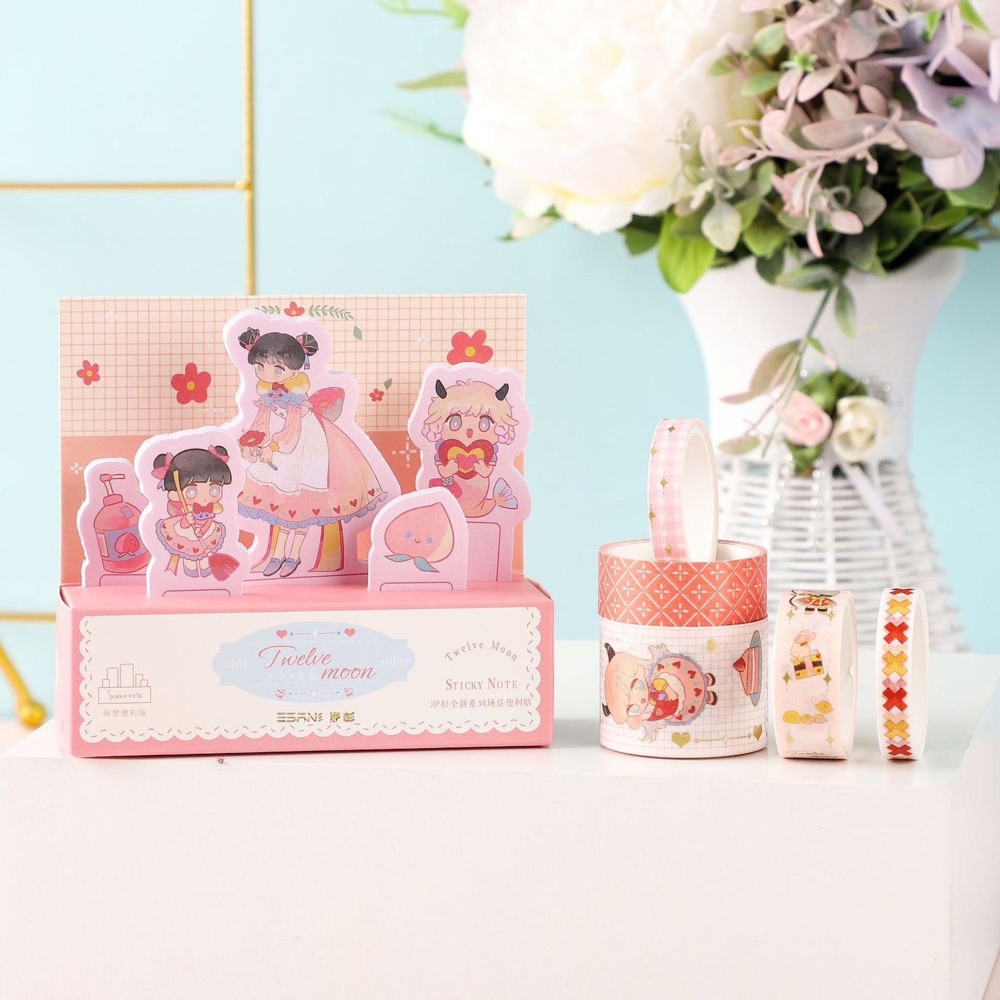 Twelve Moon Sticky Notes & Washi Tape Set featuring cute Yume Kawaii designs with pastel colors and adorable illustrated characters. Ideal for planners, journals, and crafts.