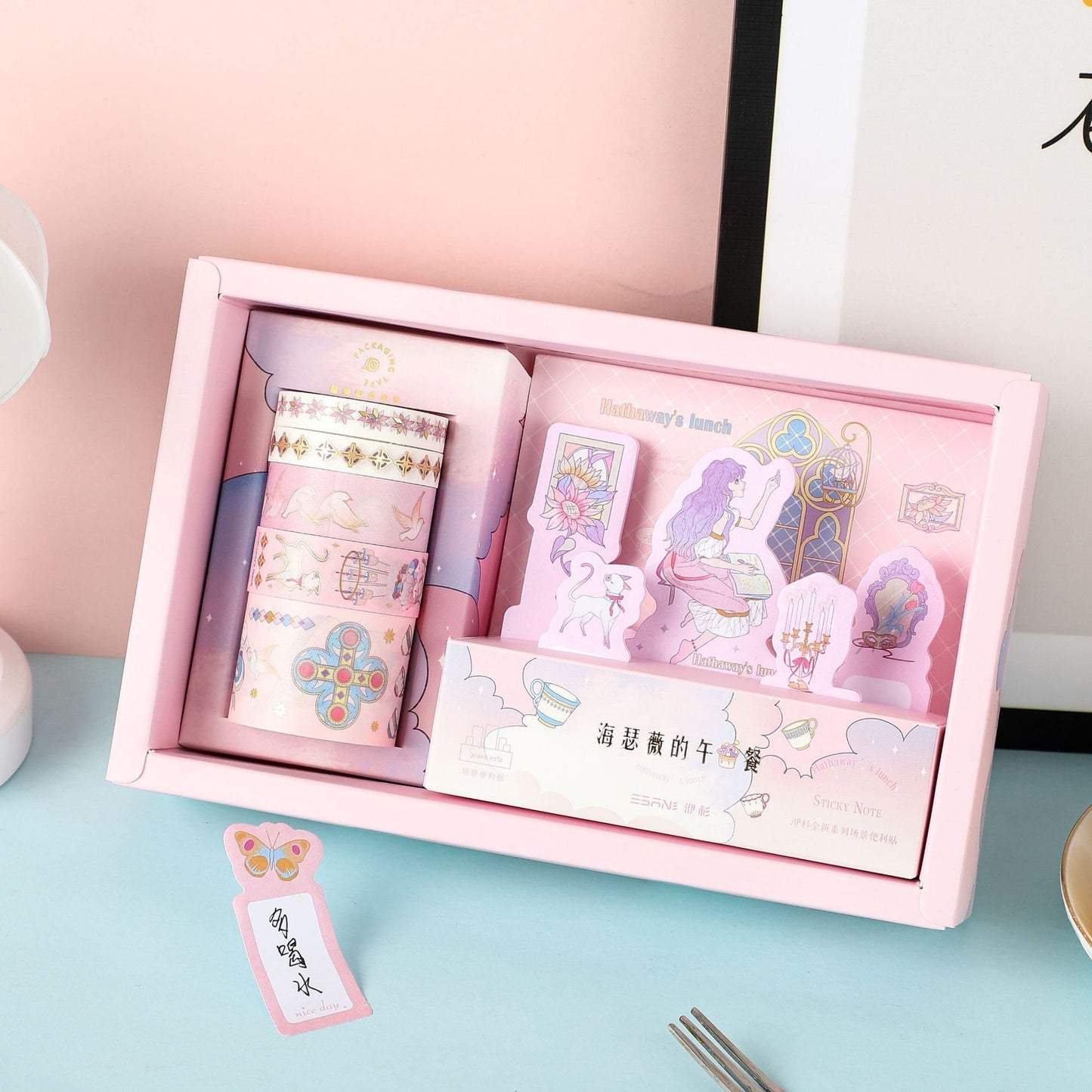 Miss Hathaway's Lunch Sticky Notes & Washi Tape Set in kawaii style, featuring pastel-colored sticky notes and decorative washi tapes with whimsical illustrations. Set includes a pink-themed packaging with various cute designs.