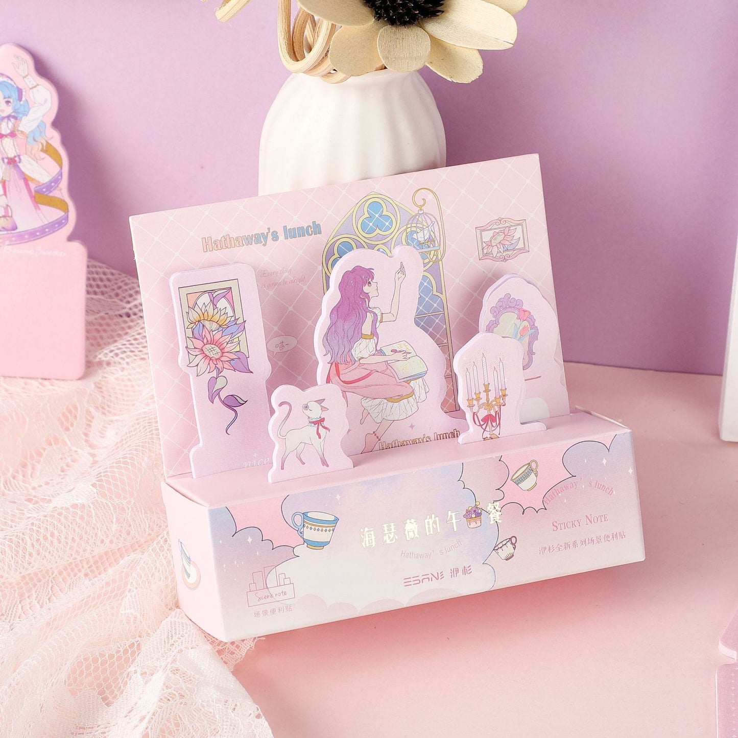 Miss Hathaway's Lunch Sticky Notes & Washi Tape Set featuring pastel pink and purple designs, cartoon illustrations of a girl with a cat, floral patterns, and elegant candelabra, perfect for kawaii stationery lovers.