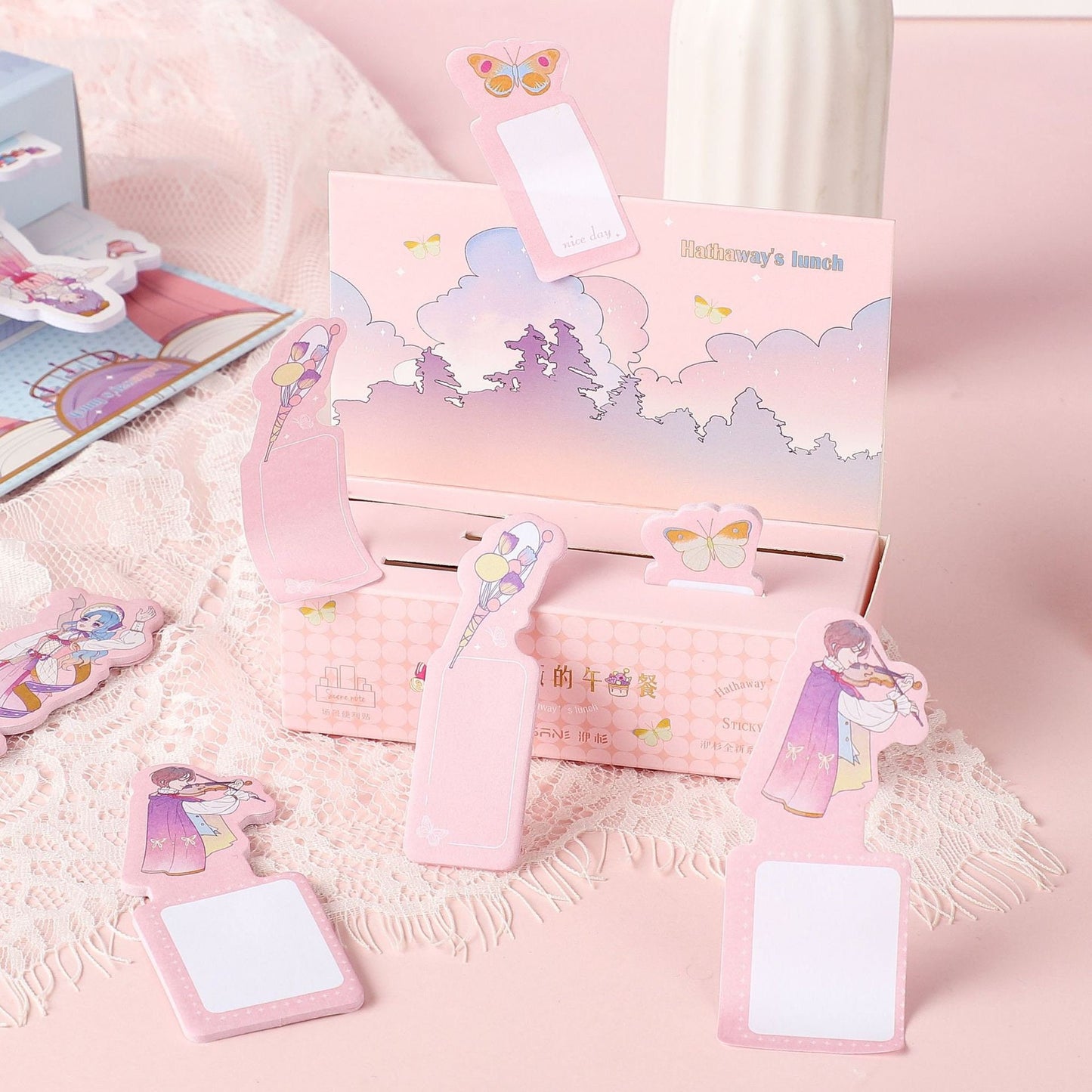 Miss Hathaway's Lunch Sticky Notes & Washi Tape Set featuring adorable pastel pink designs with butterflies, romantic illustrations, and dreamy cloud scenery. Perfect for kawaii stationery lovers.