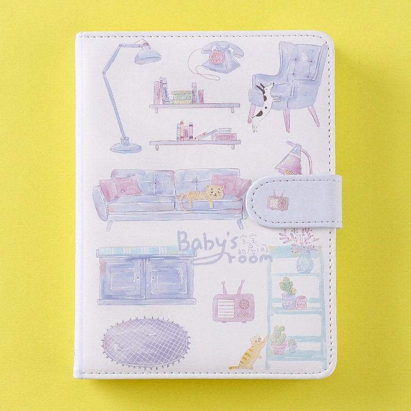 Purple Blue Leather Journal with Magnetic Buckle - Kawaii Planner featuring Adorable Baby's Room Illustrations on Cover