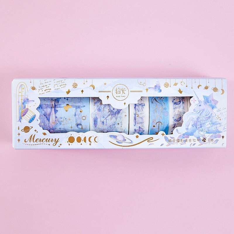 Mercury World Washi Tape Set - 8 Rolls, celestial and astrology-themed decorative tape in pastel blue and purple tones, perfect for scrapbooking, journaling, and DIY crafts, kawaii stationary.