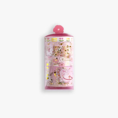 Pink & Gold Flower Washi Tape Set - 5 Rolls, featuring delicate floral and bunny designs with gold foil accents, perfect for kawaii stationery enthusiasts.