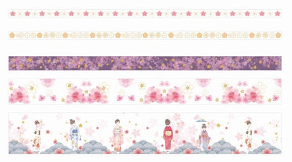 Japanese Cherry Blossom Washi Tape Set - 6 Rolls featuring floral and kimono designs, perfect for scrapbooking, journaling, and crafting projects.