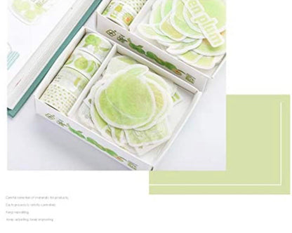 Green Plum Washi Tape & Sticker Set for Journals featuring pastel green designs, includes decorative tape rolls and green plum-themed stickers, perfect for planners, bullet journals, and scrapbooking.