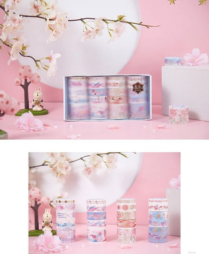 Gold Foil Washi Tape Set - Pink Black Design with floral and decorative patterns displayed in a pink, cherry blossom-themed setting.