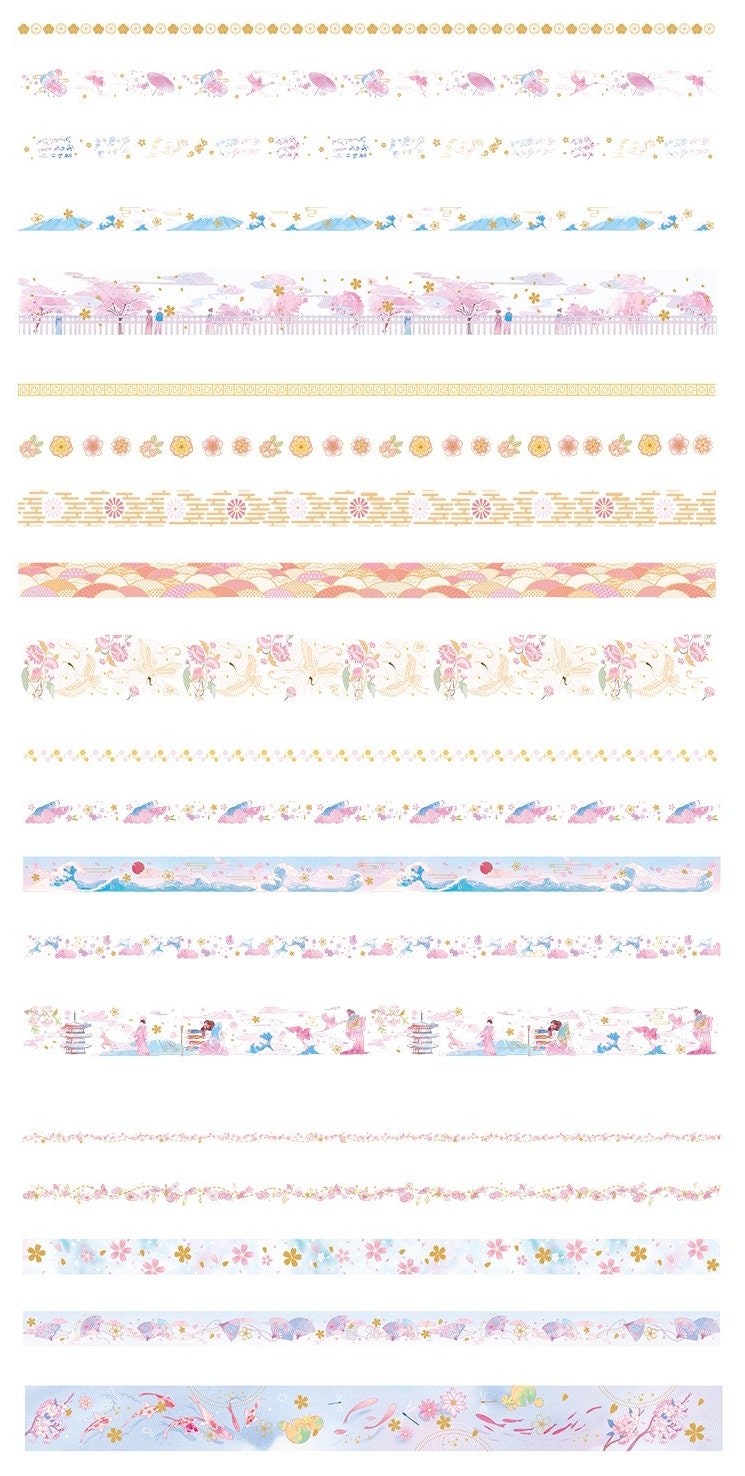 Gold Foil Washi Tape Set with pink and black designs featuring floral patterns, cherry blossoms, gold accents, and traditional Japanese motifs.