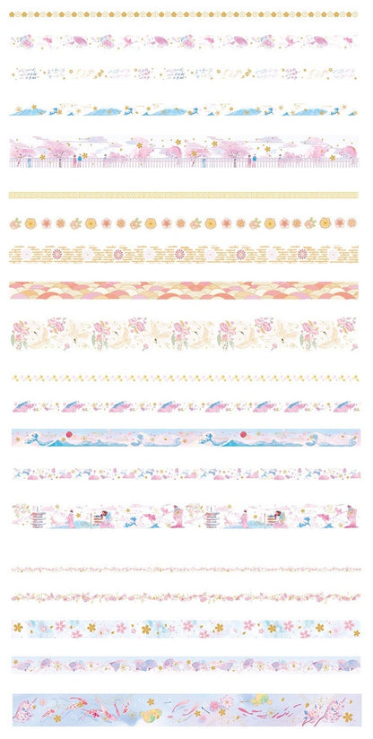 Gold Foil Washi Tape Set with pink and black designs featuring floral patterns, cherry blossoms, gold accents, and traditional Japanese motifs.