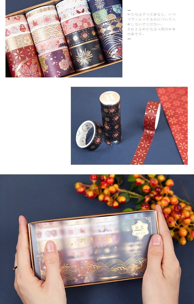 Gold Foil Washi Tape Set - Pink Black Design featuring various elegant patterns in a gift box with floral and decorative designs, perfect for planners, scrapbooking, and crafts.