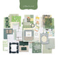 Aesthetic Scrapbook Paper - Decorative Journaling Supplies in various green and pastel designs, including patterned sheets, envelopes, tags, and stickers. Perfect for crafting, journaling, and DIY projects. Kawaii stationery set for creative decoration.