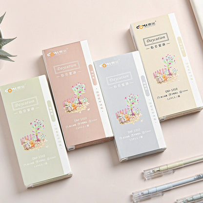 Minimalist black ink gel pen set with 0.5mm fine tip for office use, featuring four stylishly designed packaging boxes with cute, colorful illustrations and delicate pastel shades.