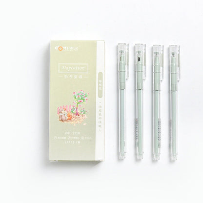 0.5mm minimalist black ink gel pen for office with clear cap and light green body, pack of 12 pens, includes box with cute plant and bear illustration