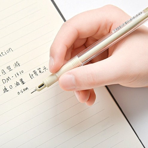 0.5mm minimalist black ink gel pen for office in hand, writing on lined paper.