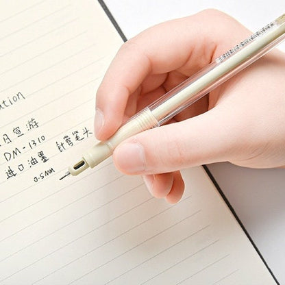 0.5mm minimalist black ink gel pen for office in hand, writing on lined paper.