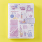 Purple Blue Leather Journal with Magnetic Buckle Planner featuring kawaii kitchen illustrations on a yellow background.