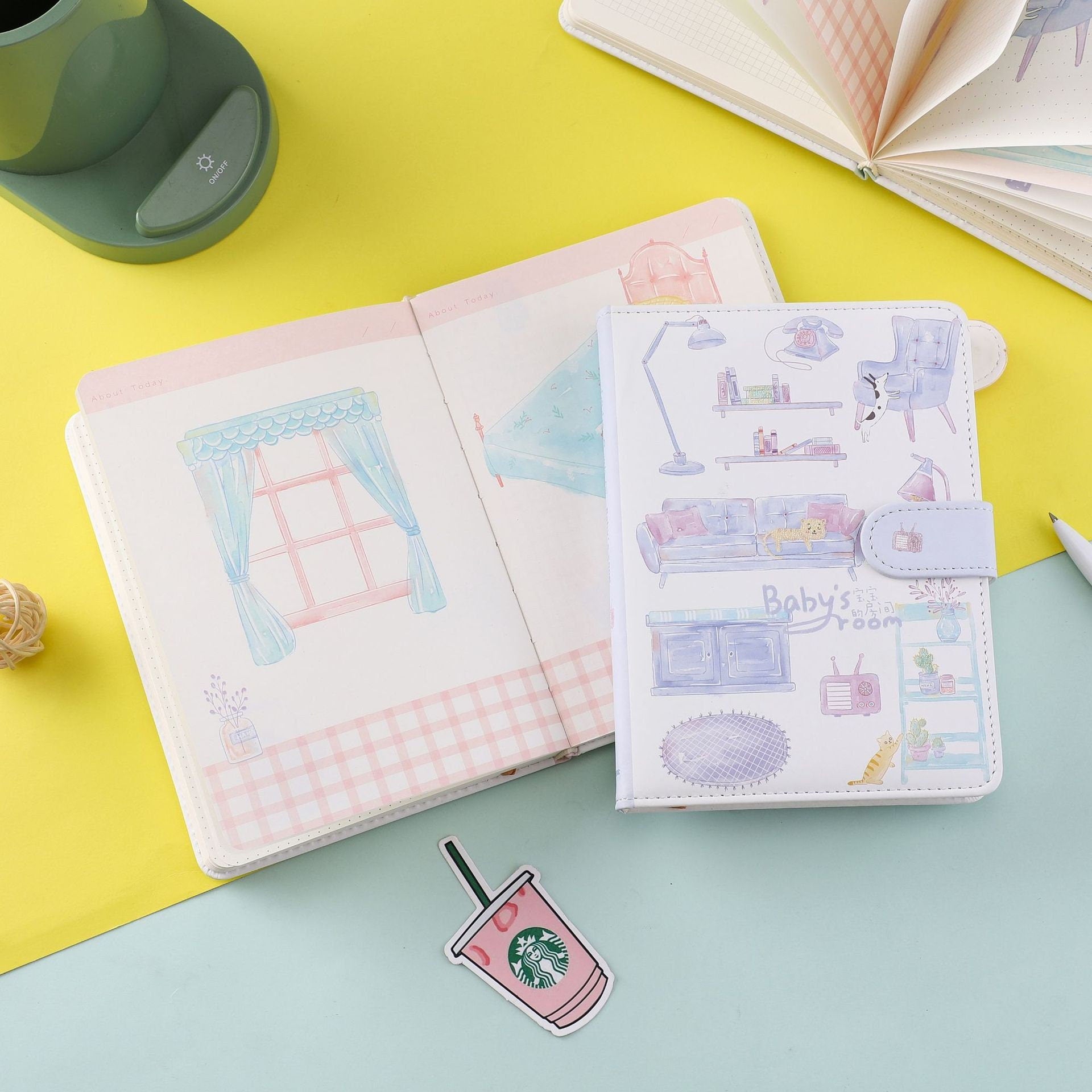 Purple Blue Leather Journal - Magnetic Buckle Planner featuring cute illustrations of a baby's room, open to reveal pastel-colored interior pages, displayed on a colorful background with additional stationery items. Kawaii stationery, leather journal, planner with magnetic closure.