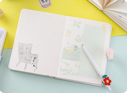 Purple Blue Leather Journal with Magnetic Buckle Planner, featuring a cute baby room illustration and grid dot pages. Includes an adorable white pen with a flower cap. Perfect for note-taking, journaling, and planning in kawaii style.