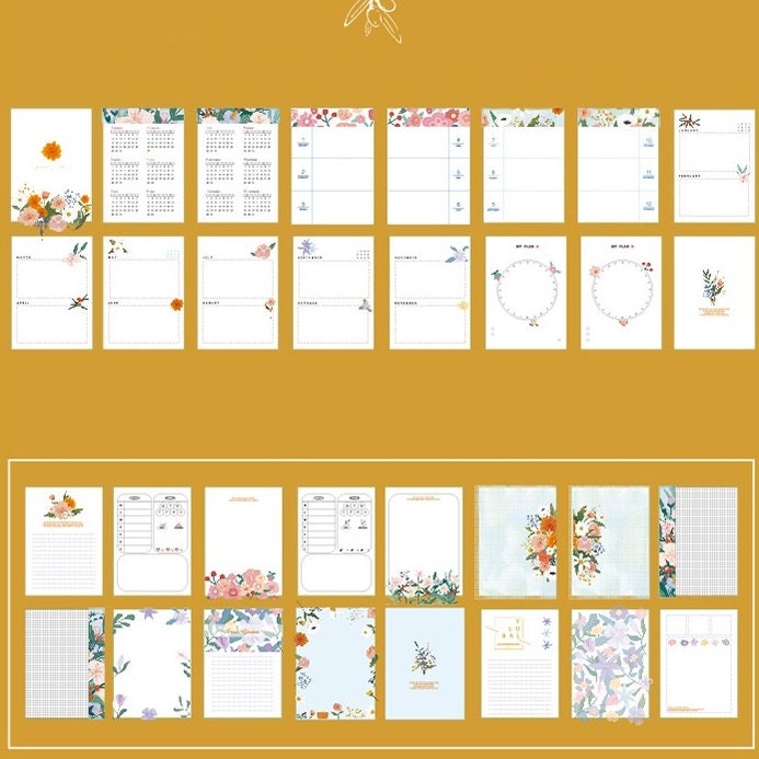 Pink Floral Garden Planner - 196 Pages Leather Notebook featuring a variety of kawaii floral-themed planner pages, including calendars, daily and weekly spreads, to-do lists, notes sections, and decorative elements in vibrant pastel colors.