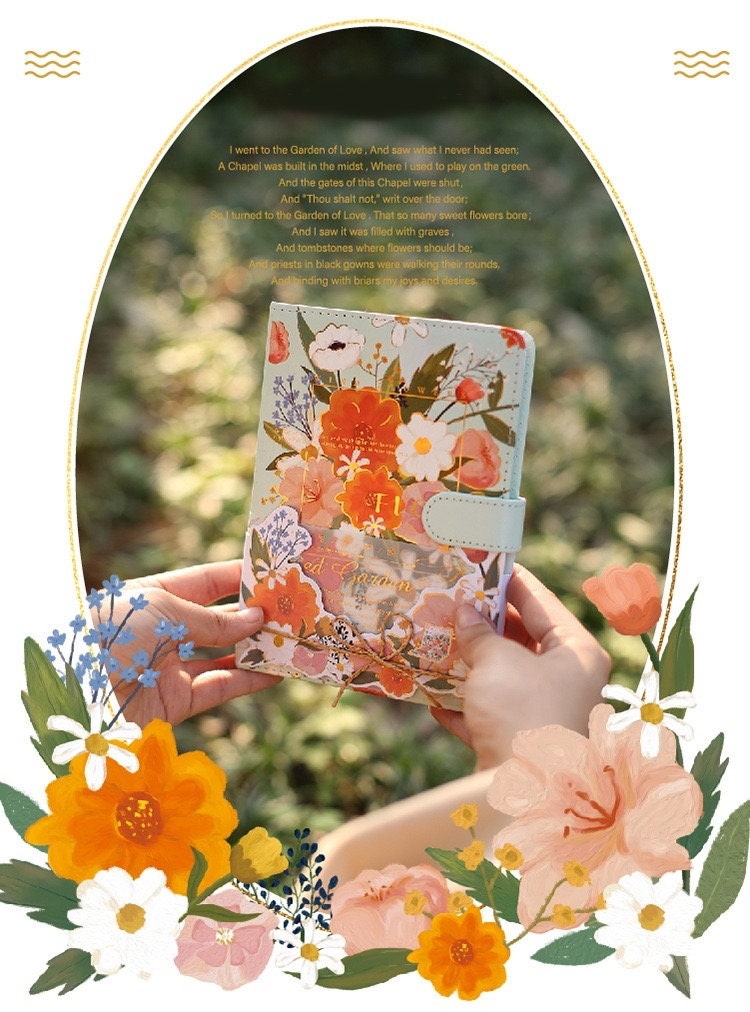 Pink Floral Garden Planner with 196 Pages - Leather Notebook with Colorful Flower Design held by hands in an outdoor garden setting.