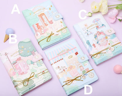 Cute Pink Leather Animal Town Journal - A5 Magnetic, with 4 adorable designs labeled A, B, C, and D, featuring cute animal illustrations and pastel colors, perfect for kawaii stationary lovers.