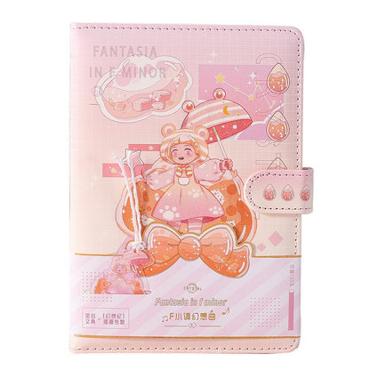 Fantasia in F Minor Journal - Leather Cover & Bookmark, pink kawaii design with cute character, bow, and umbrella, ideal for note-taking and diaries