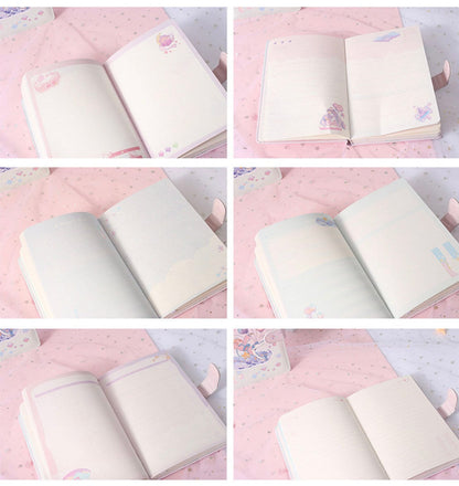 Fantasia in F Minor Journal with leather cover and bookmark, showcasing multiple page designs with kawaii illustrations on pink and white star-patterned background.