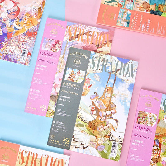 B5 fashion notebook with magazine style cover, featuring vibrant illustrations and colorful designs on a pink and blue background. Perfect for journaling, note-taking, and adding a touch of kawaii to your stationery collection.