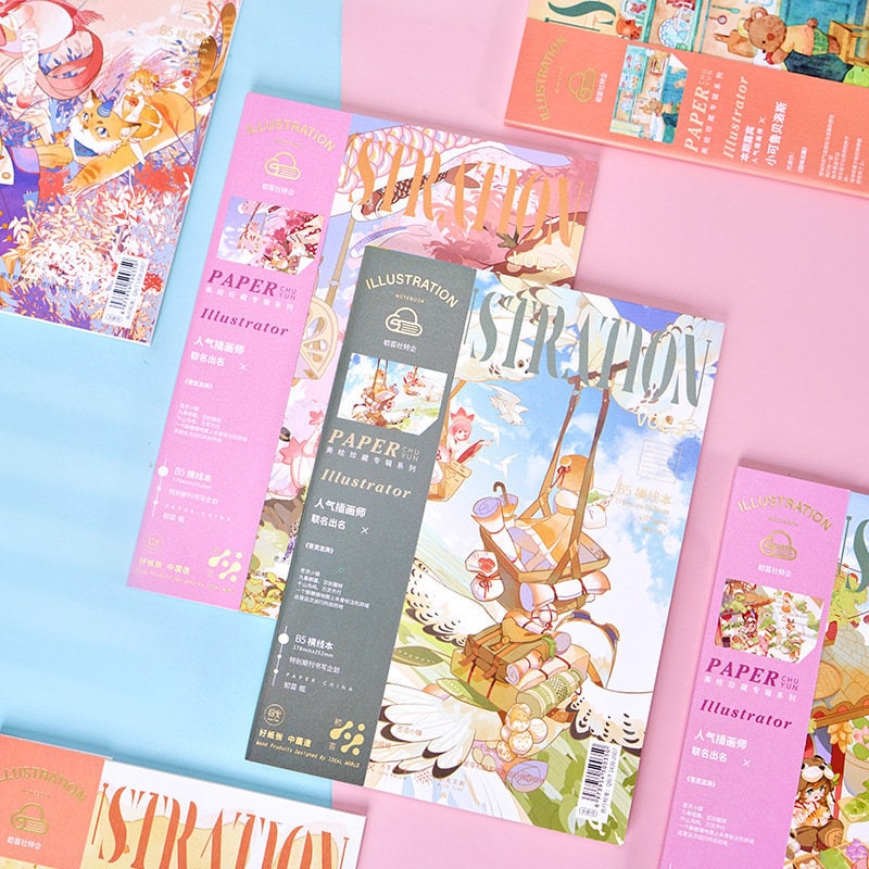 B5 fashion notebooks with vibrant, magazine-style covers featuring colorful and whimsical illustrations. Ideal for school and office use, kawaii stationery for creative writing and note-taking.