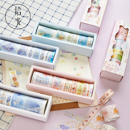 Mercury World Washi Tape Set - 8 Rolls, colorful decorative washi tapes in pastel-themed boxes, perfect for journaling, scrapbooking, and DIY projects in kawaii stationery style.