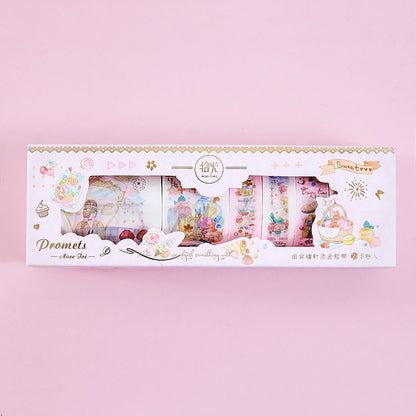 Mercury World Washi Tape Set - 8 Rolls in pastel-colored packaging with cute and whimsical illustrations, featuring charming designs perfect for scrapbooking, journaling, and crafts.