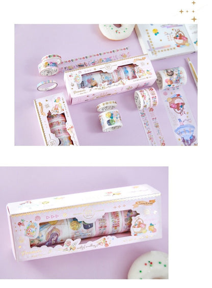 Mercury World Washi Tape Set with 8 Rolls featuring kawaii designs in pastel colors, displayed in a decorative box on a purple background.