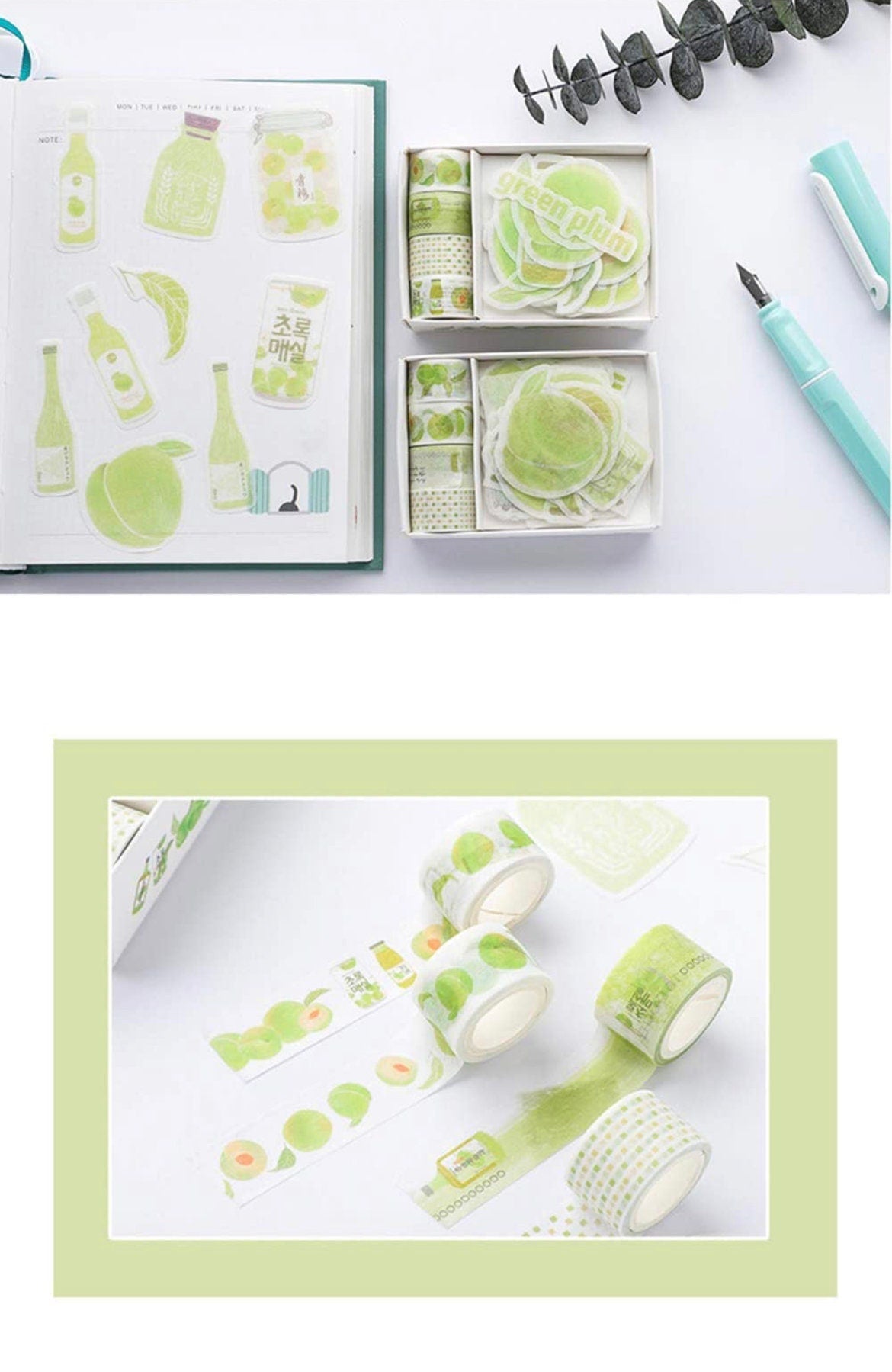 Green Plum Washi Tape & Sticker Set for Journals featuring assorted green plum designs, rolls of decorative tape, and a variety of matching stickers; perfect for journaling, scrapbooking, and planners.