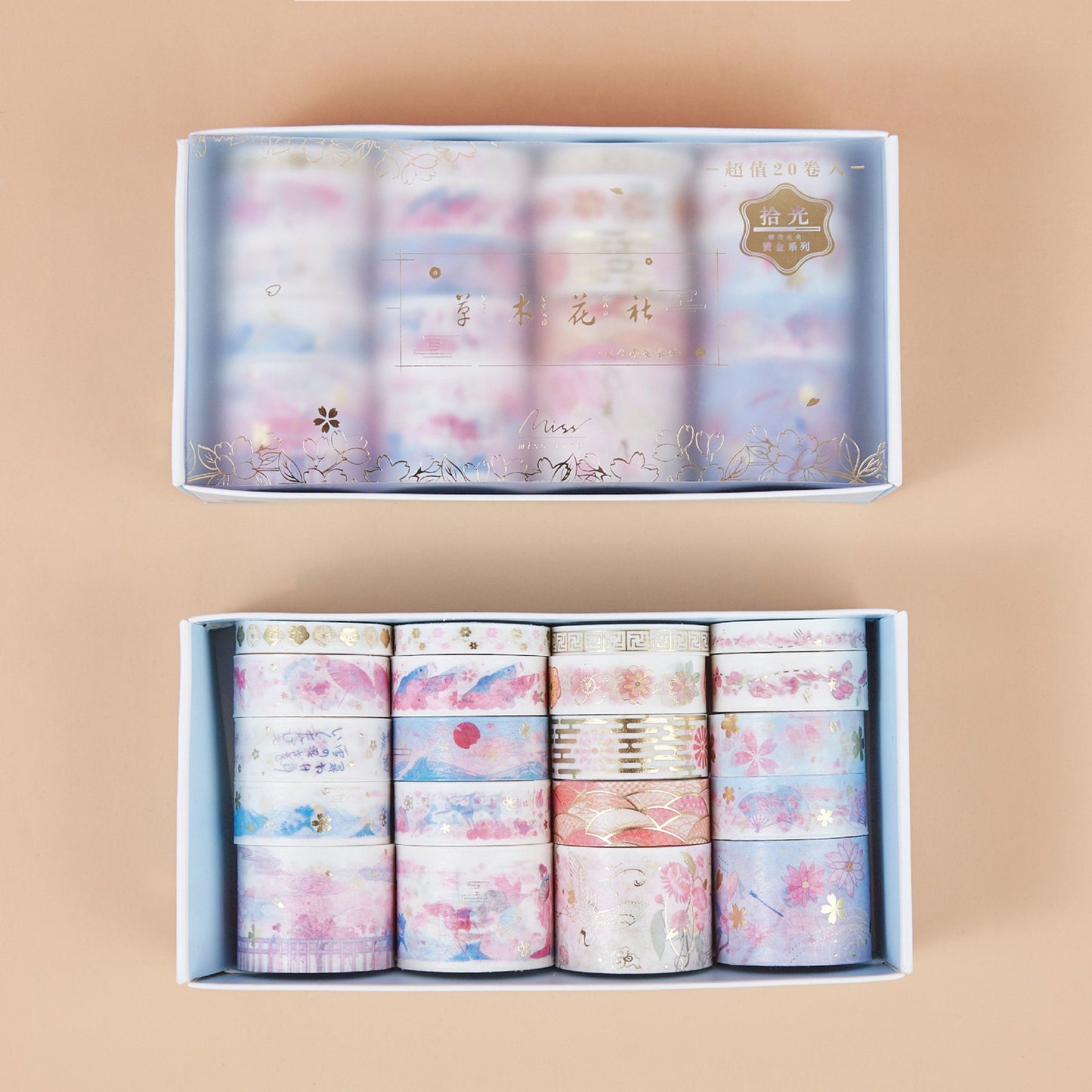 Gold Foil Washi Tape Set in Pink and Black Design with Floral Patterns and Decorative Motifs on Display in a White Box - Perfect for Scrapbooking and Craft Projects