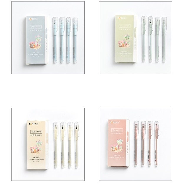 Set of 0.5mm minimalist black ink gel pens in four pastel colors (blue, green, yellow, pink) with floral-themed packaging, perfect for office use.