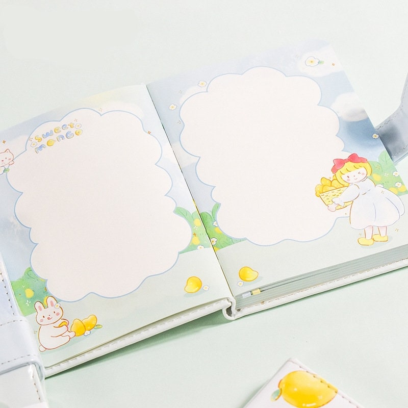 Magnetic Buckle Leather Planner - Lemon Girl Design, open to two pages with cute illustrations of a girl holding lemons, bunny, and lemon trees.