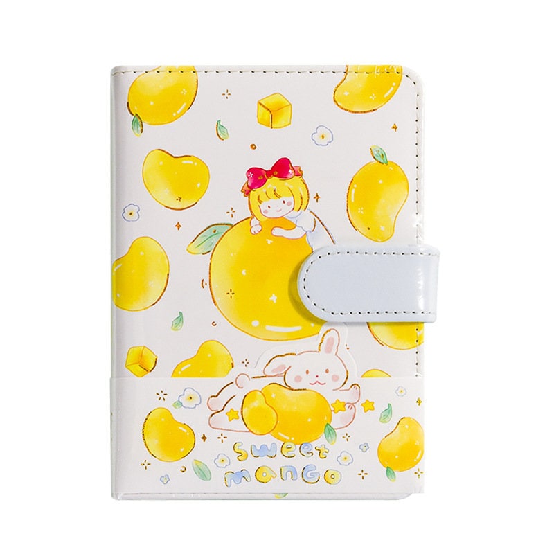 Magnetic buckle leather planner with Lemon Girl design featuring cute illustrations of a girl, bunny, and sweet mangoes.